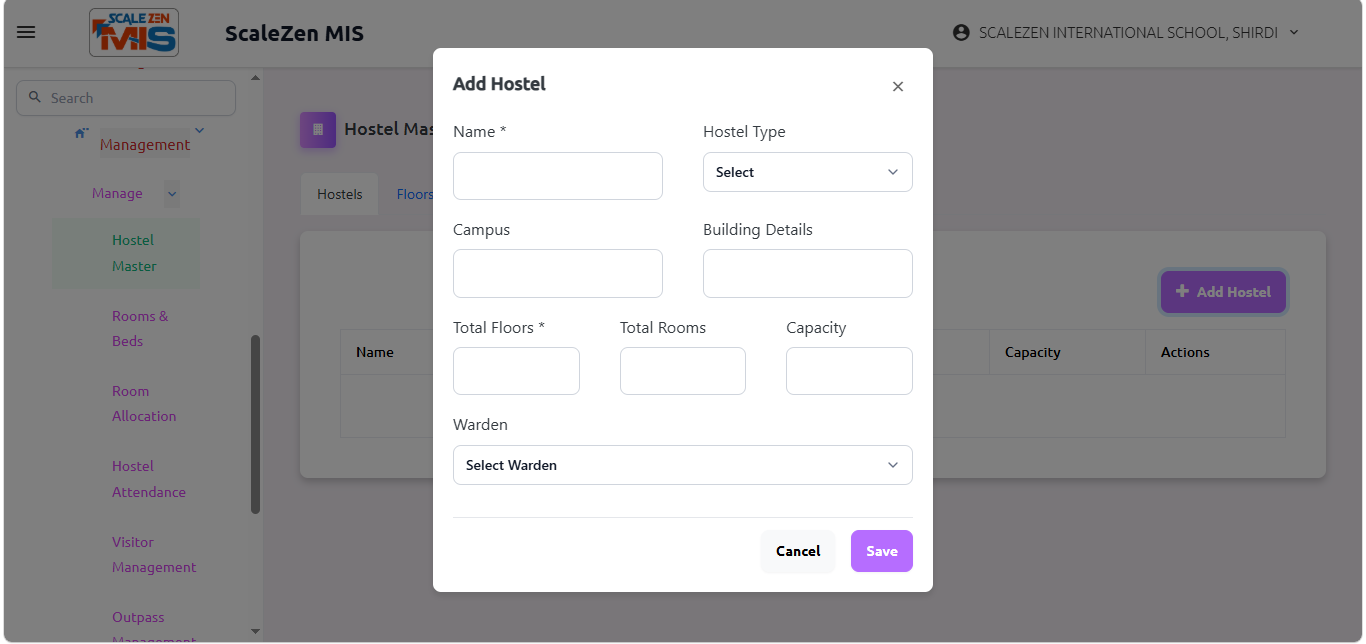 Hostel Master Screen